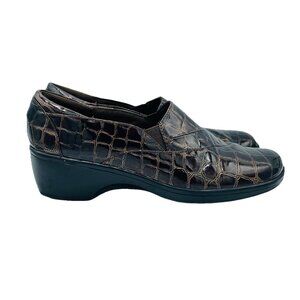 Clarks Bendables Shoes Size 7.5 M Brown Red Croc Print Alligator Heels Slip On